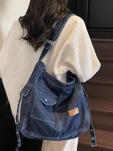 Simple retro denim shoulder bag, multi-pocket workwear style messenger bag, washed and distressed craftsmanship, retro casual messenger bag, Denim crossbody bags, suitable for daily commuting, shopping, outdoor travel, etc., Denim shoulder satchel