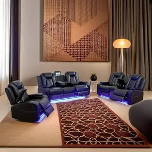 Soren Dark Vegan Leather 3-Pieces reclining Sectioanal Living Room Sofa Set With Cup-Holders ,Wireless Charging and LED Lights