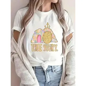 True Story Jesus Christian Cross Happy Easter Men Women Kids T-Shirt Print Crew Neck T-Shirt For Summer, Women's Soft Short Sleeve Top, Stylish Comfy Tee For Women Graphic Tees