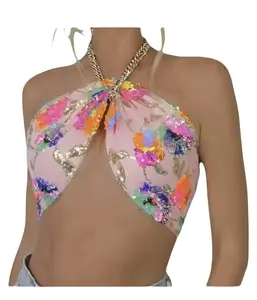 Sexy Backless Halter Sequin Embroidered Crop Top