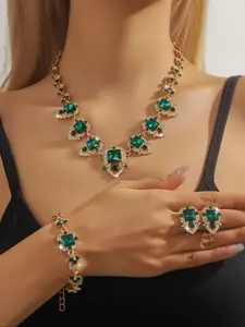 Vintage Emerald Green Rhinestone Decorated Matching Jewelry Set, Pendant Necklace & Dangle Earrings & Ring & Bracelet, Fashion Jewelry Accessories for Women