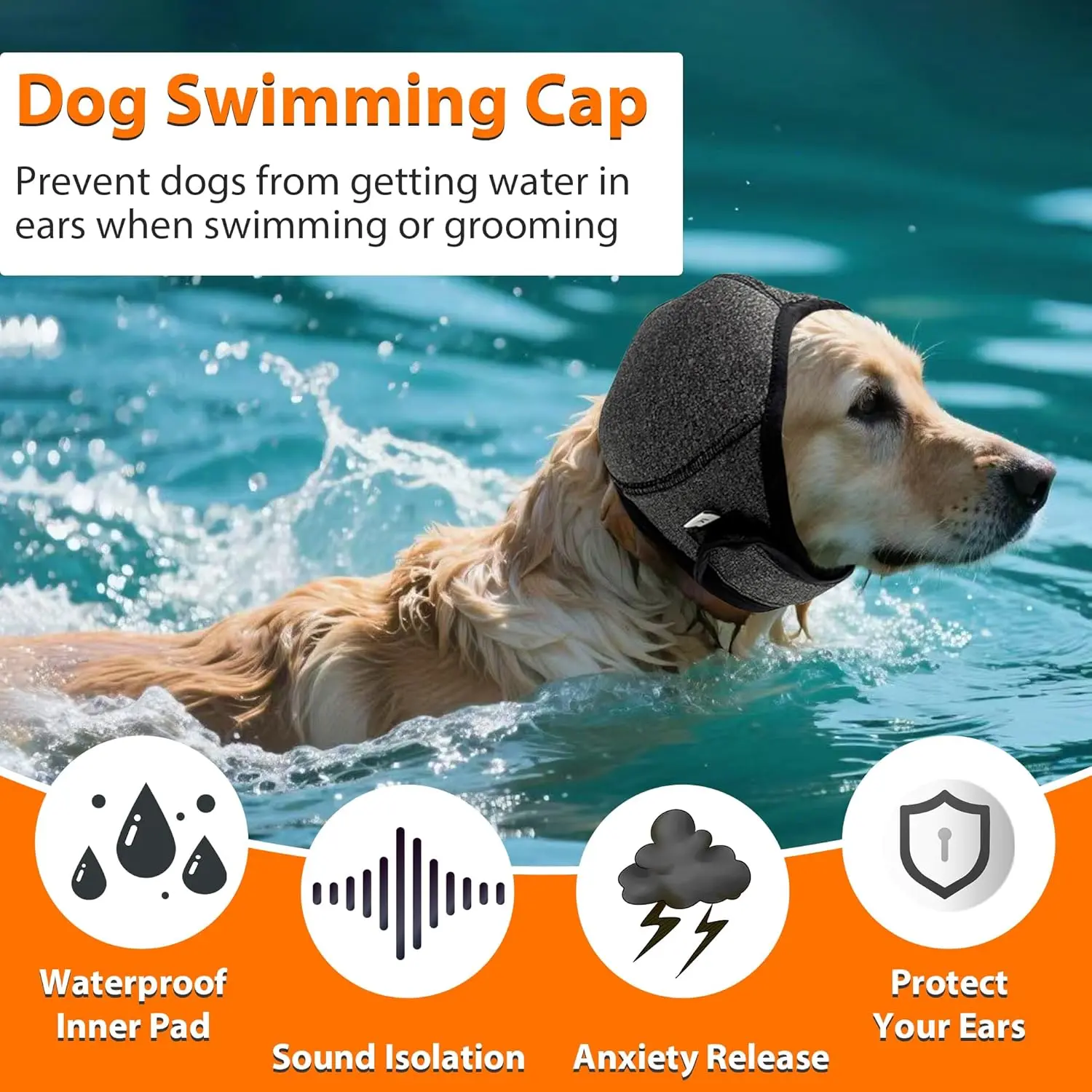Dog Calming Hoodie Ear Wraps for Dogs, Waterproof Dogs Swim Cap, Pet Ear Cover Muffs for Anxiety Relief Noise Cancelling, Doggy Head Warp Ear Protection for Hematoma Fireworks Bath Swim Blow（Grey)