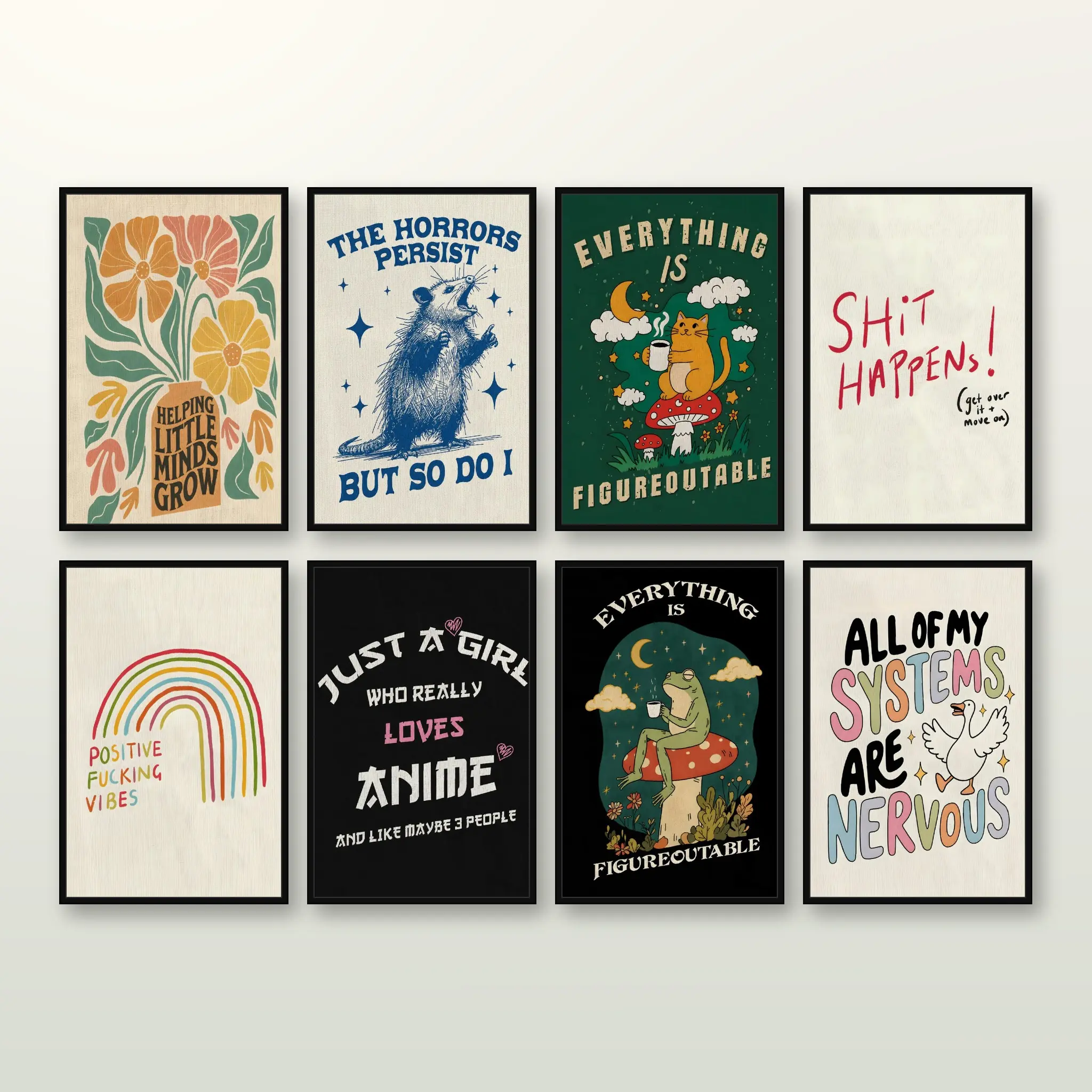 8Pcs Retro Whimsical Inspirational Phrase Framed Canvas Wall Art Set - Cute Animal, Floral, Rainbow Prints for Girlfriend, Boyfriend - Bedroom, Halloween Dorm Gallery Wall Home Decor