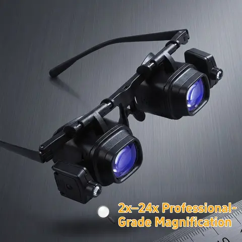 Head-Mounted Magnifying Glasses with 2 LED Lights, 2x-24x Acrylic Lenses, 190 x 142 x 45mm ABS Frame, Portable Mobile Smartphone Accessories, 2925s1, 4 CR1620, 56g, Unisex Pouch, Cleaning Cloth, Box, 193g/203g for Electronics Repair, Indoor Recreation