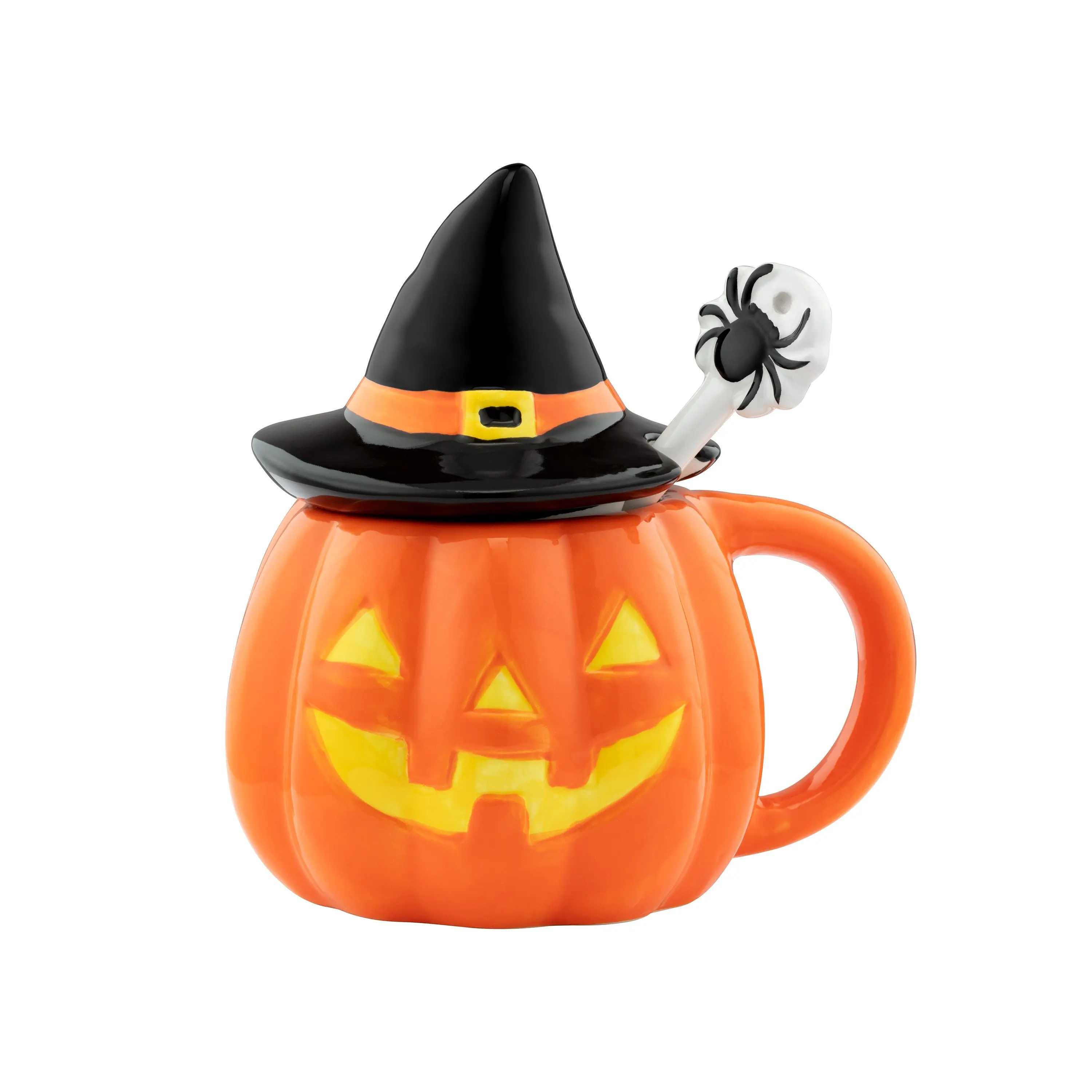18 oz. Lidded Jack-O-Lantern Mug with Spoon - Spooky Pumpkin-Themed Drinkware for Spider, Witch Halloween Vibes, Shaped