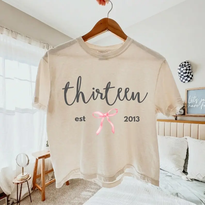 Thirteenth Birthday Comfort Colors Cropped Tee for Girls, Coquette Bow Boxy Tee, 13th Teen T-Shirt,Birthday Gift for Her women