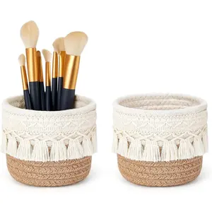 Mkono Macrame Makeup Brush Holder Organizer Comb Brushes Mini Storage Basket Set of 2 Boho Decor Baskets for Pen Pencil Box Container,Yellow and White