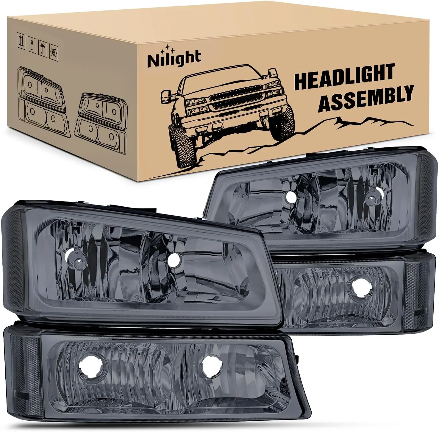 Nilight Waterproof Sealed OE Standard DOT/SAE ABS Plastic Headlight & Bumper Lamp Set for 2003-2006 Chevy Silverado/Avalanche 1500,1500HD,2500,2500HD,3500 & 2007 Silverado Classic 1500 Chevrolet Pickup Replacement Housing, Car Lighting, Plug-N-Play