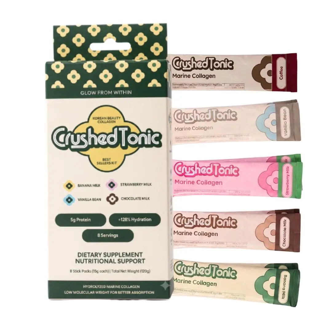 Crushed Tonic Best Sellers Kit – Marine Collagen Discovery Sample Sticks – 8-Count Sampler – Banana, Strawberry, Chocolate & Vanilla Milk – Gluten Free Non-GMO Skin Hair & Nail Beauty Supplement Drink Mix