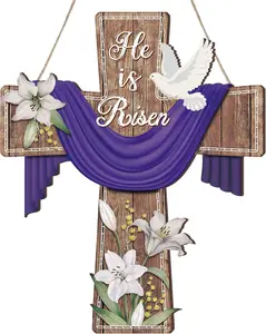 Easter Door Sign He Is Risen Wall Door Hanging Decor Religious Cross Sign (13.1 x 10.6 Inches)