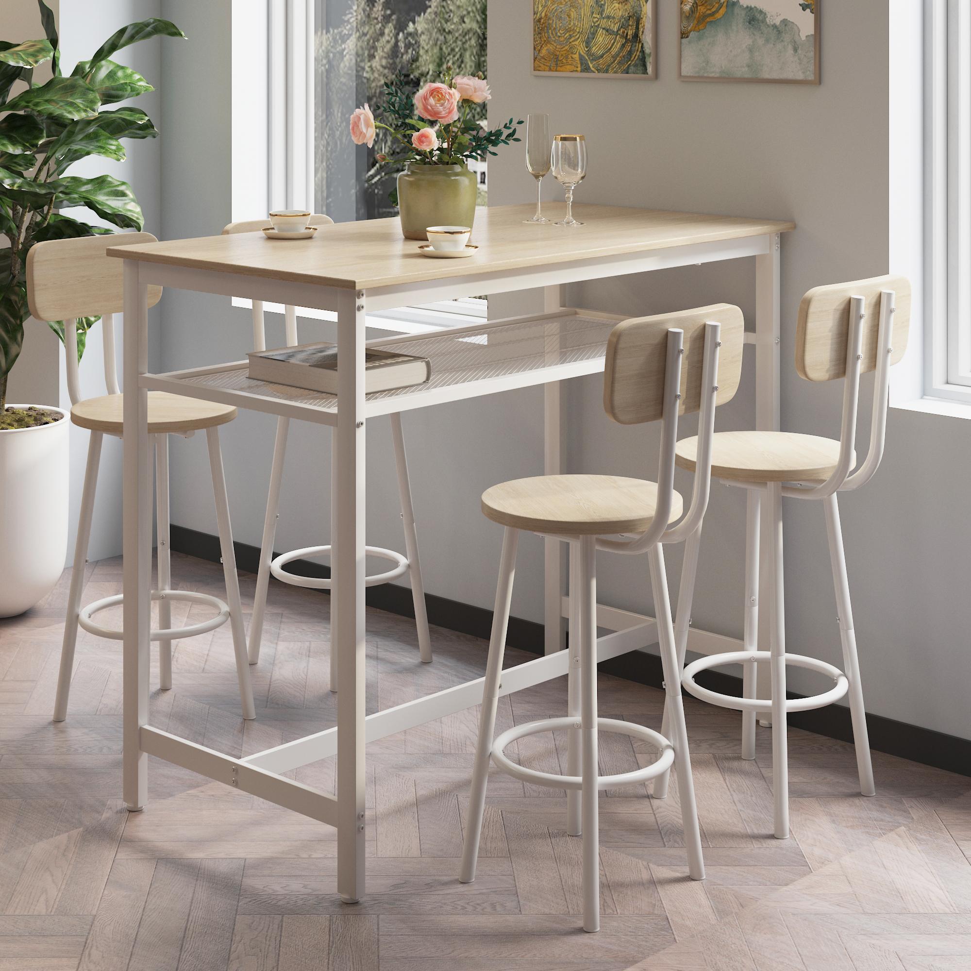Dining Table Set for 5 ,Including 1 Piece Bar Table and 4 Pieces Chair, Kitchen Table and Chairs, Counter Height High Top Table with 4 Upholstered Stools, Space-Saving Pub Table Sets for Small Space