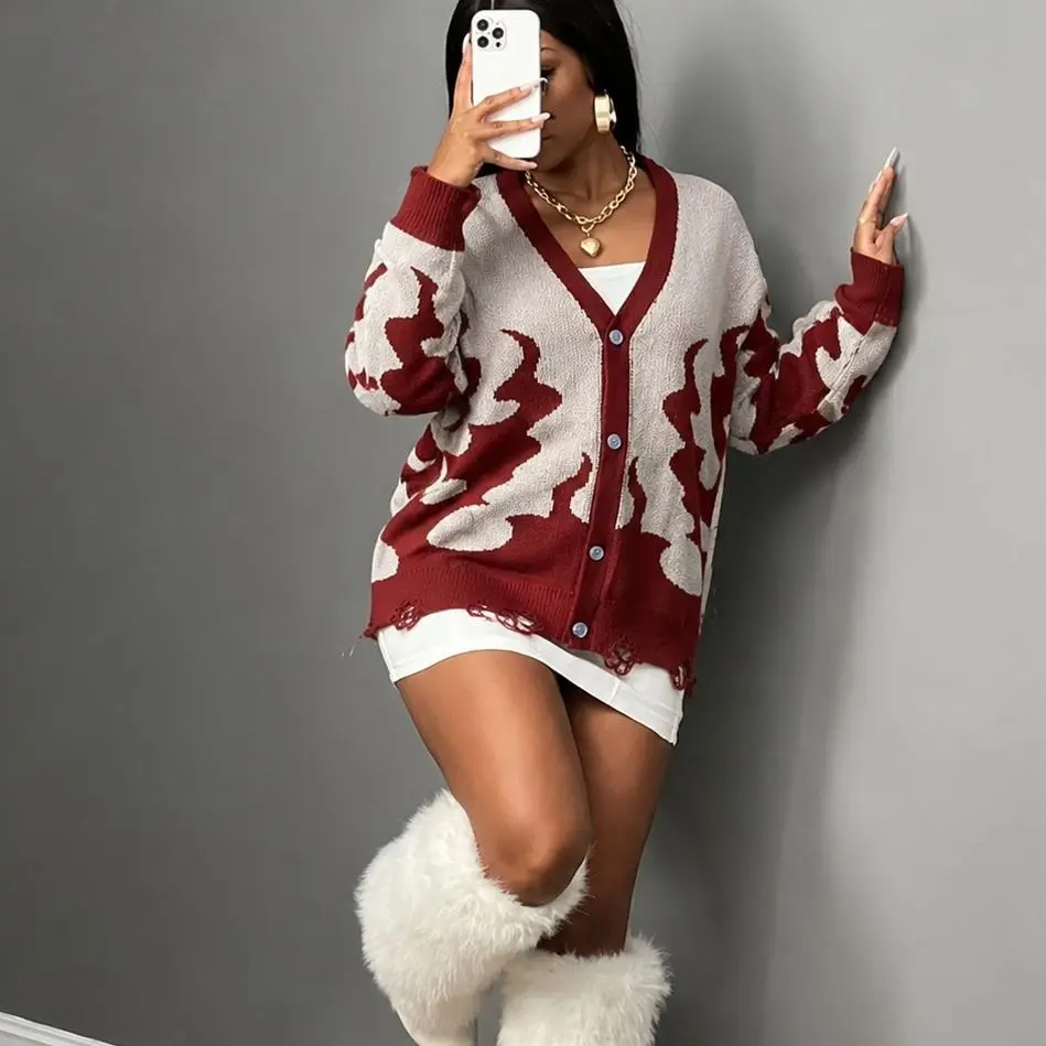 Womens Y2K Red Flame Graphic Cardigan Sweater Distressed Grunge E-Girl Streetwear Knit V-Neck Button Up Alt Oversized Fall Winter Ripped Ladies S-XL
