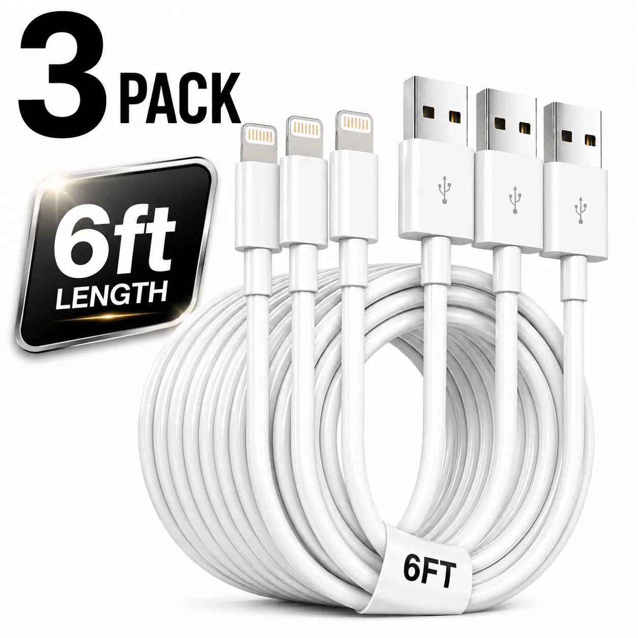 3-Pack 6FT Lightning Charging Cables Fast USB Charger Cord for iPhone 6/7/8/X/11/12/13/14 iPad & AirPods