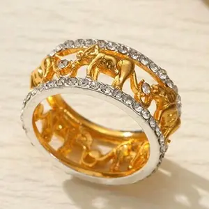 Elegant 14k Yellow Gold Plated Elephant Women's Ring Exaggerated Encased in Synthetic Stones, Minimalist and Delicate Couple Ring,