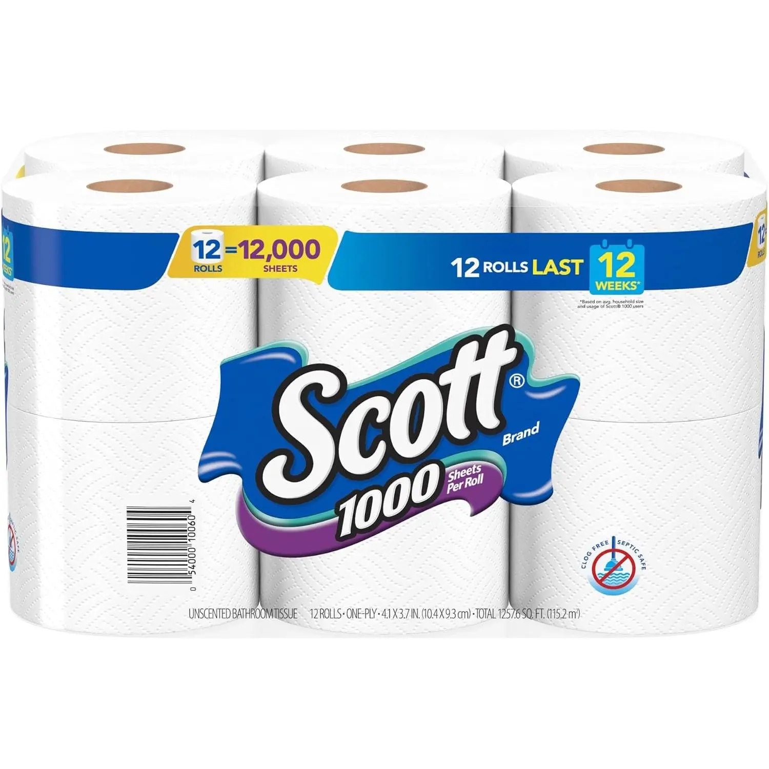 Scott 1000 Sheets Per Roll Toilet Paper, 12 Rolls, Bath Tissue