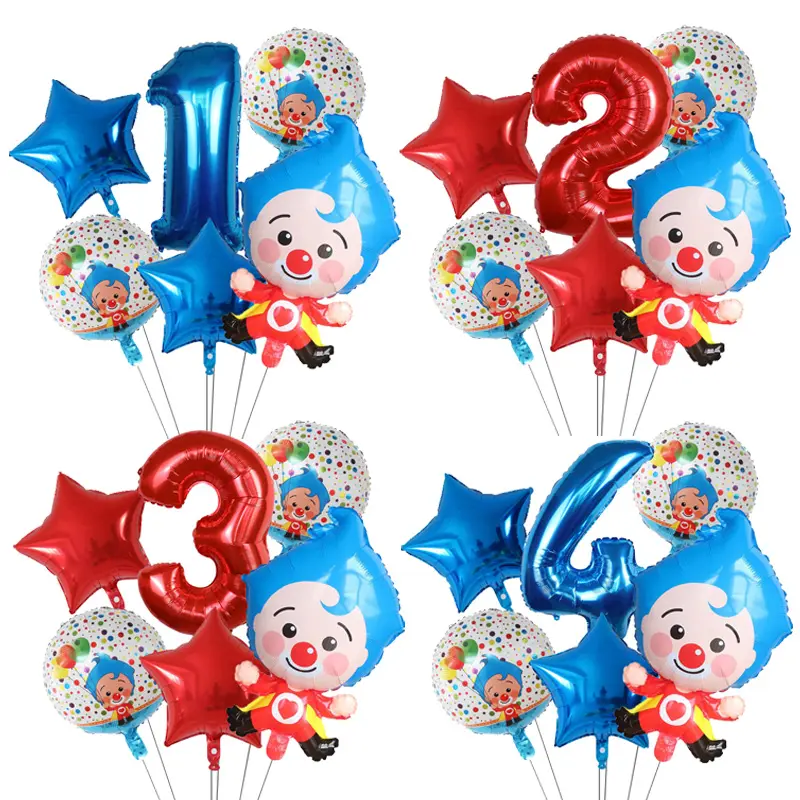 6pcs Set Novelty Playful Plim Clown Foil Helium Balloons with Red Number Balls, Air Globos for Children's Happy Birthday Party Decorations, Kids Toys Gifts