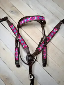 Hot Pink, Teal and Purple Beaded Leather Tack Set