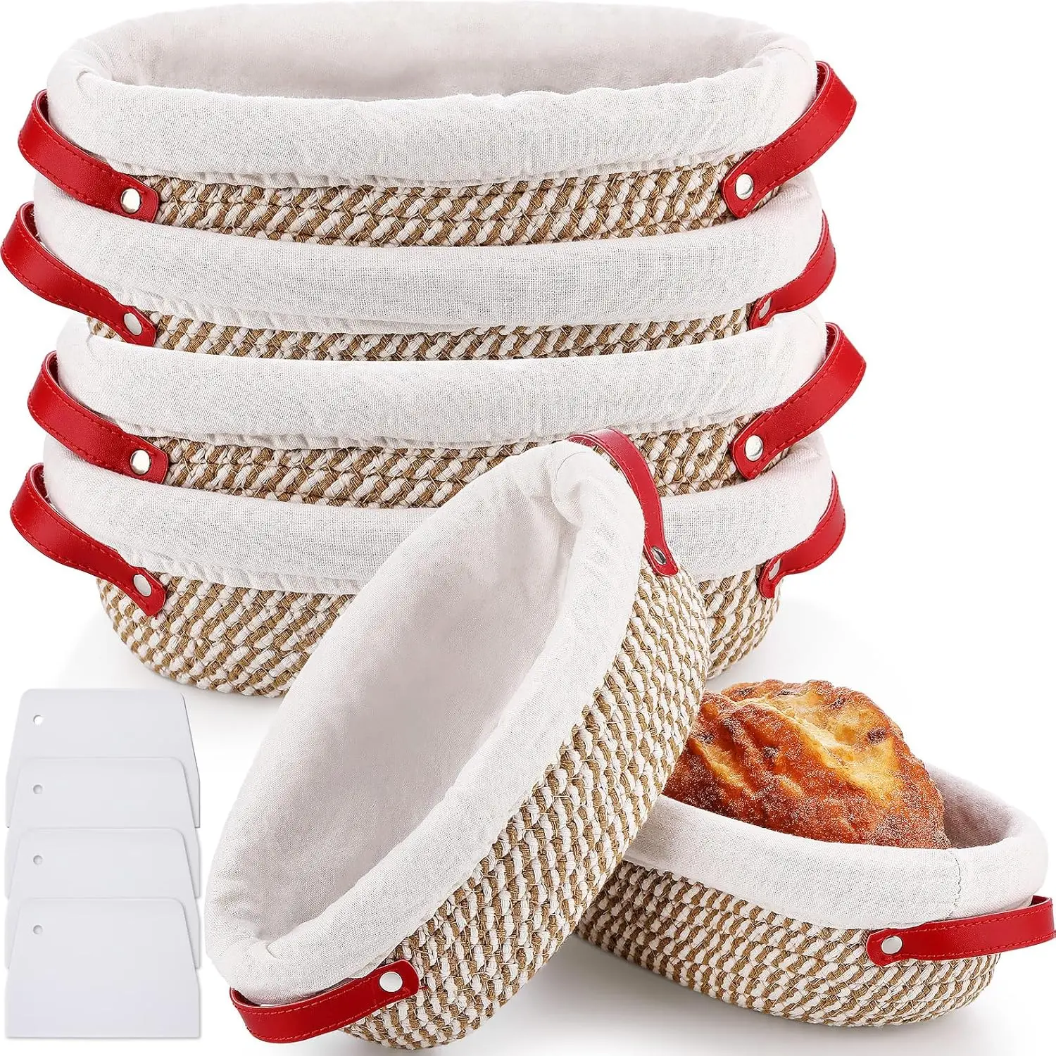 4 count 10 Inch Cotton Rope Banneton Bread Proofing Basket Set Oval Bread Baskets with Liners & Covers Proofing Baskets for Sourdough Baking with 4 Strickle for Home Bakers Wife Mom(Yellow, White)