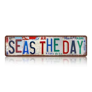 2D flat 4×16 inch aluminum metal sign — “Seas the Day” retro license plate art aluminum sign