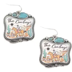 Vintage Cowboy Western Earrings with Turquoise Stones and Detailed Horse Design for Women