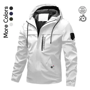 Men's Lightweight Hooded Windbreaker Jacket - Casual Outdoor Fashion Coat with Utility Pockets & Sleeve Patch