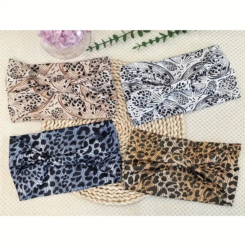 Women's wide bohemian style headband with paisley pattern design, elastic headband, leopard print headband hair accessory, suitable for yoga, sports, head warmth, fitness accessory set (including four styles)
