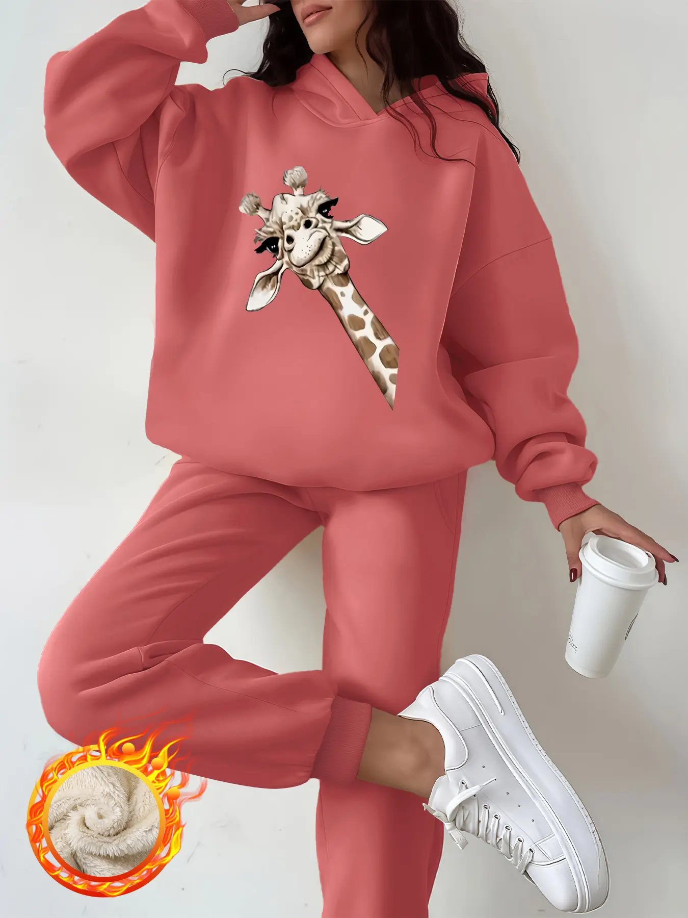 Women's Hooded Sweatshirt Set, Cartoon Giraffe Print, Thick Polyester, Casual Loose Fit, Fall & Winter, Two-Piece