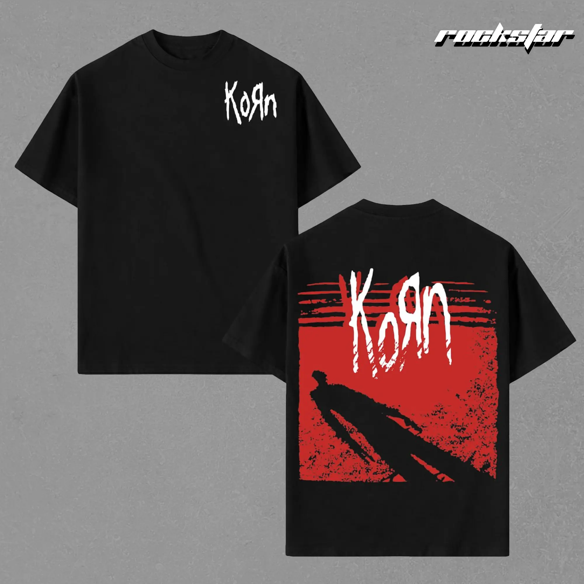 KoRn T-Shirt Nu Metal Band Graphic Tee, Red Back Print Silhouette 