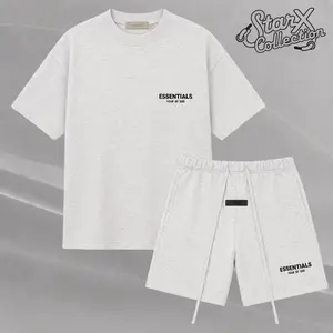 (Tee and Shorts) Fear of God Essentials T-shirt & Shorts Set Stretch Light Oatmeal OVER SIZE Casual Wear Comfortable Fit Simple Design Versatile Everyday Wear Menswear Tops Crewneck ShortSleeve Light
