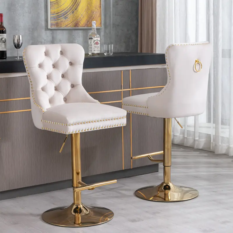 Velvet Swivel Bar Stools Set of 2 with Upholstered Back, Adjustable Counter Height Barstools, Bar Chairs for Home Bar Kitchen Island Pub Restaurant (Velvet, 2 Pcs, Beige)