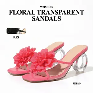 CYNLLIO Womens Floral Sandals Transparent Rounded High Heels Square Toe Slip On Elegant Transparent Strap Wedding Party Casual Outing Dating Spring Summer Graduation Heels Mule Sandal Shoes