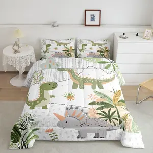 Kids Cute Dinosaur Bedding Set Toddle Cartoon Green Dinosaur Comforter Set for Boys Girls Teens Cute Animal Duvet Set Coconut Plant Quilt Set