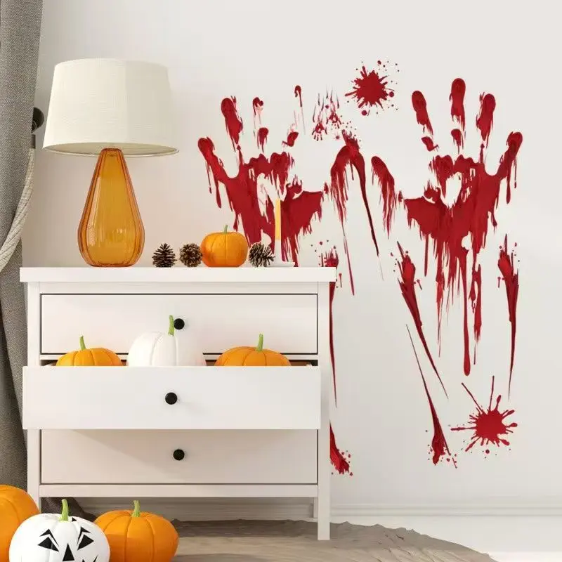 Bloody Handprint Footprint Wall Decals, Scary Blood Splatter Window Door Stickers, Halloween Horror Party Haunted House DIY Decor