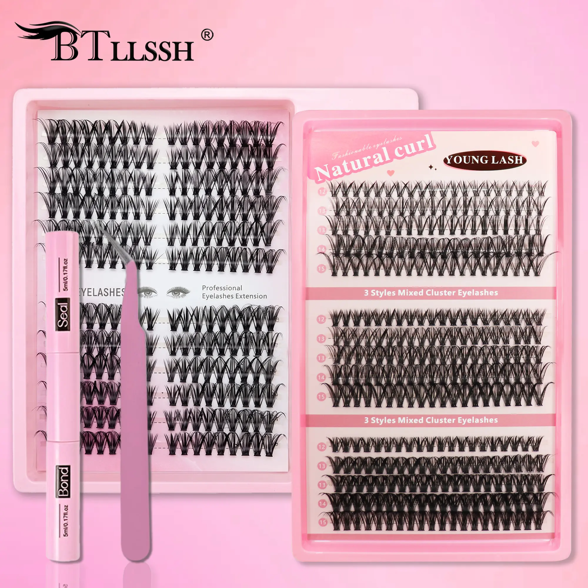B BTLLSSH Cluster Lash Extension Kit 30D 40D 50D Mixed Individual Eyelashes Natural Curl DIY Self Lashes With 2IN1 Lash Bond Seal & Professional Tweezers Fluffy Wispy Lash Set For Daily Makeup