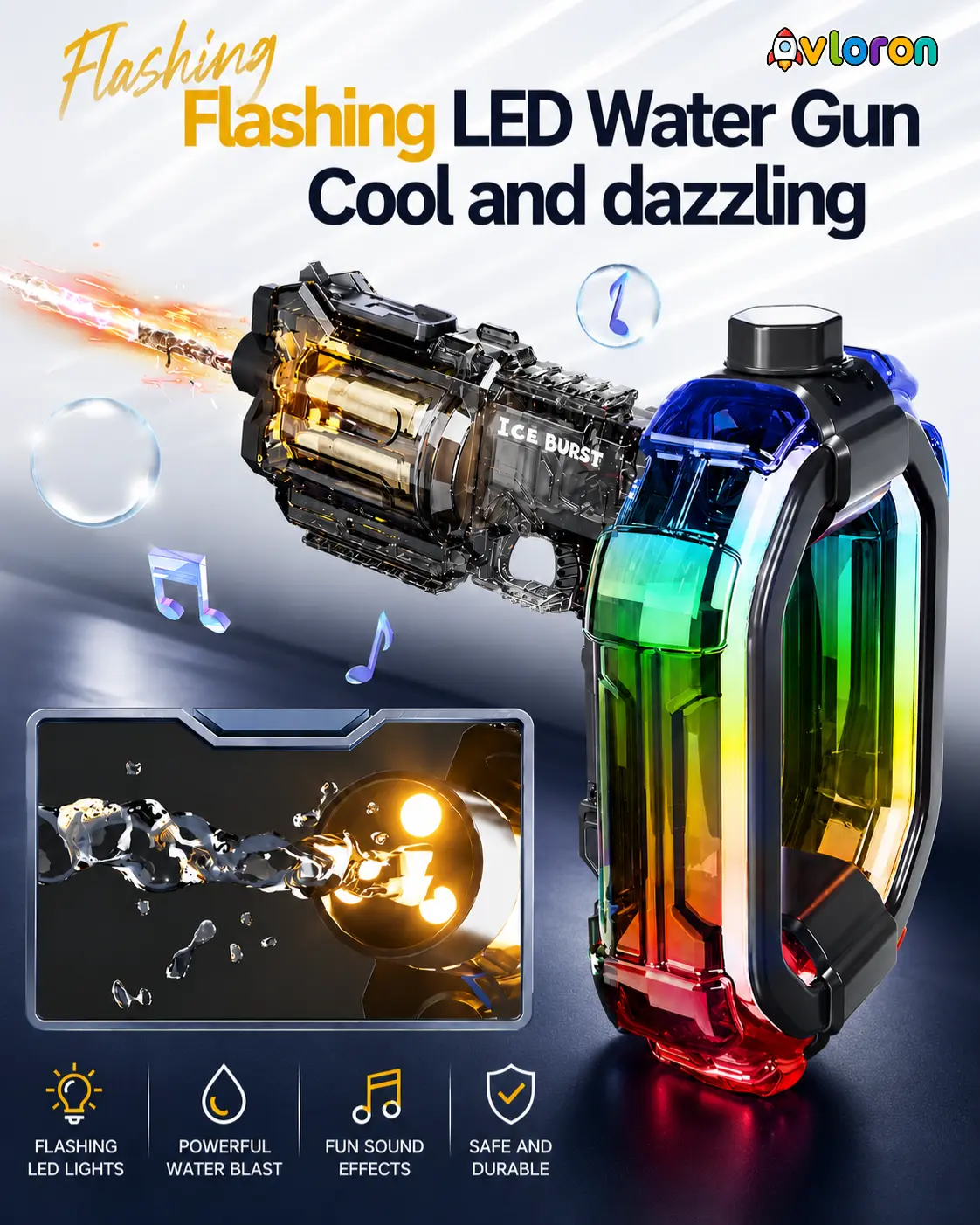 Avloron Rechargeable Battery Electric Water Gun - LED Lights, Rotating Cylinder, Long Range, More Water, Safe Plastics, Family Fun for Kids & Adults (Batteries Included)