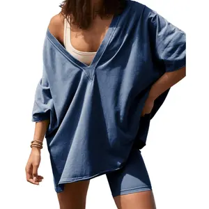 SCUSTY Women's Two Piece Set Oversized V Neck T Shirt & Biker Shorts Summer Outfits Reversible Sets Casual Loose Fit Clothes