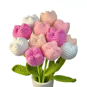 Crochet Tulip Flower Bouquet without Vase, Artificial Flower Bouquet, Mother's Day Gifts, Fall Room Decor, Summer Tulips Artificial Decorative, Home Centerpieces Decor Wedding Anniversary