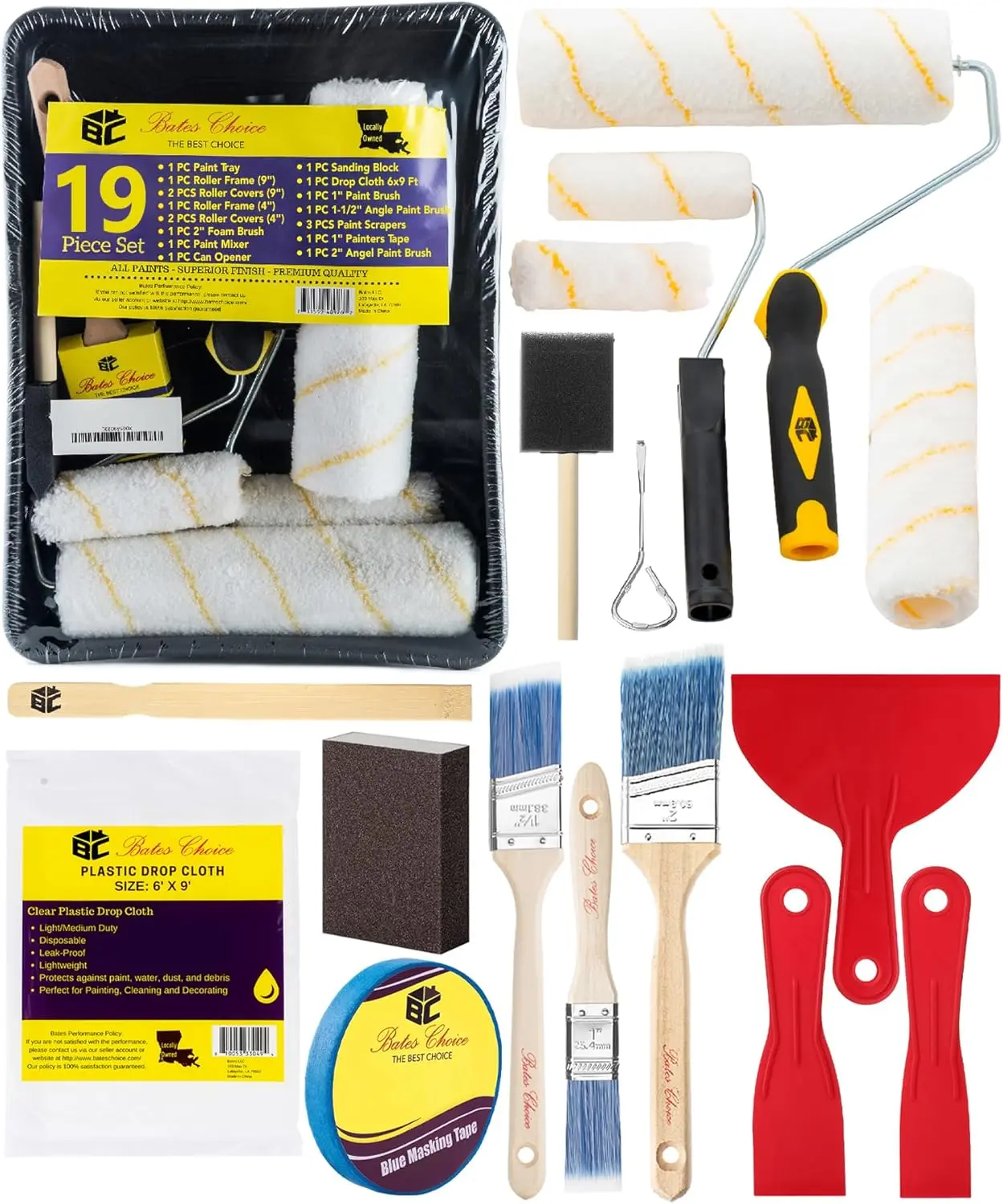 Paint Roller Kit, 19 pcs, Roller Set with Microfiber Sleeves & Frame, Tray, Angled Brush & Foam Brush, Paint Scrapers and More for Walls, Cabinets, Interior, Exterior, House Painting Supplies