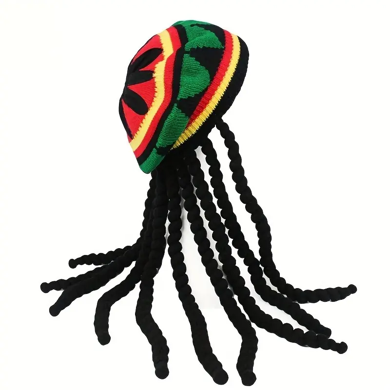 Reggae Jamaican Rasta Hat with Black Dreadlocks Wig - Heat-Resistant Synthetic Hair, Natural Look for Cosplay, Halloween, Parties - Easy to Style & Maintain - Reggae Music Festival Costume Accessory, Festival Hairpiece, Bold Pattern Design,