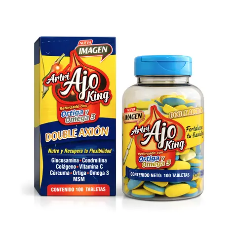 Artri Ajo king - 100caps DOUBLE AXION |  Reforzado con Ortiga Omega 3 Glucosamina Condroitina Colageno Vitamina C Cúrcuma Ortiga Omega 3 MSM