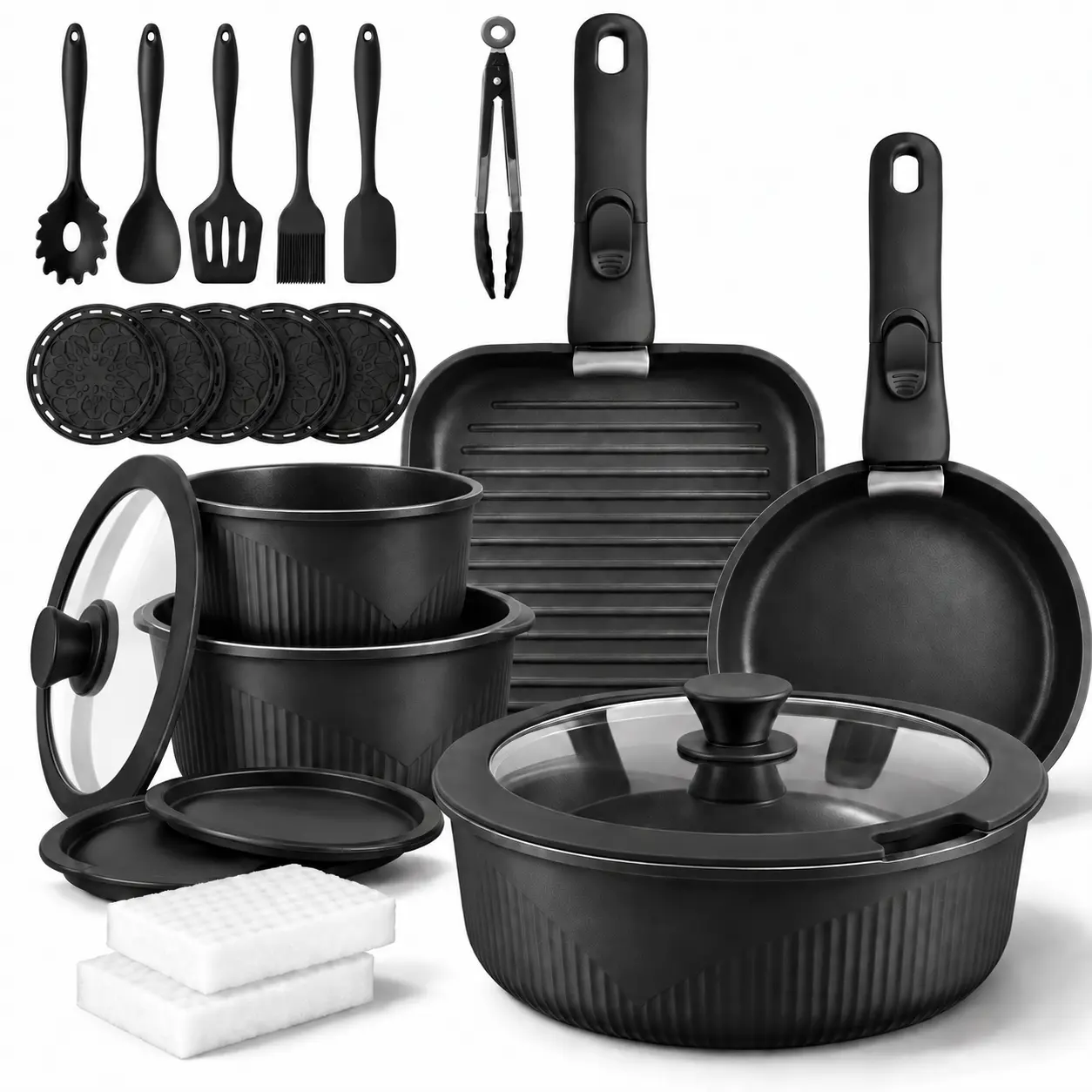 【New】24-Piece Pots and Pans Set Non Stick with Removable Handles, Ceramic-Coated Aluminum Cookware Set with Frying Pans, Saucepans, Lids, Non Toxic PFAS PFOA PTFE Free, Induction Compatible, Oven Safe,  Lightweight Silicone Detachable Nonstick