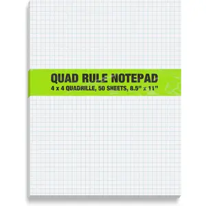 Graph Paper Pad 8.5" x 11", 50 Sheets, Double Sided, White, 4x4 Blue Quad Rule, Easy Tear Grid Paper