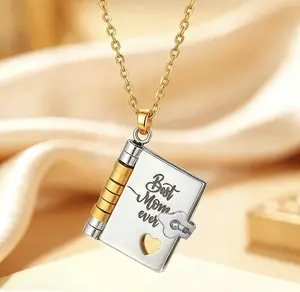 【Mother’s Day】 Mini Book Pendant Necklace. Gift for Mom, Dad, love. Stainless Steel Engraved Love Message. with Card & Gift Box Perfect for Holiday, Birthdays, Weddings