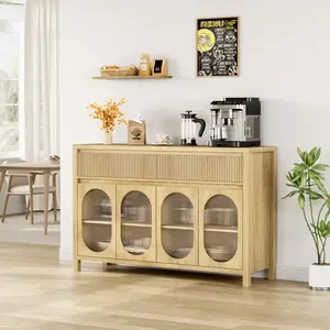 55" Natural Modern Farmhouse Sideboard Buffet Cabinet with Storage, Coffee Bar Cabinet with 4 Oval Glass Doors & 2 Drawers, Wood Console Table for Living Room, Kitchen & Entryway
