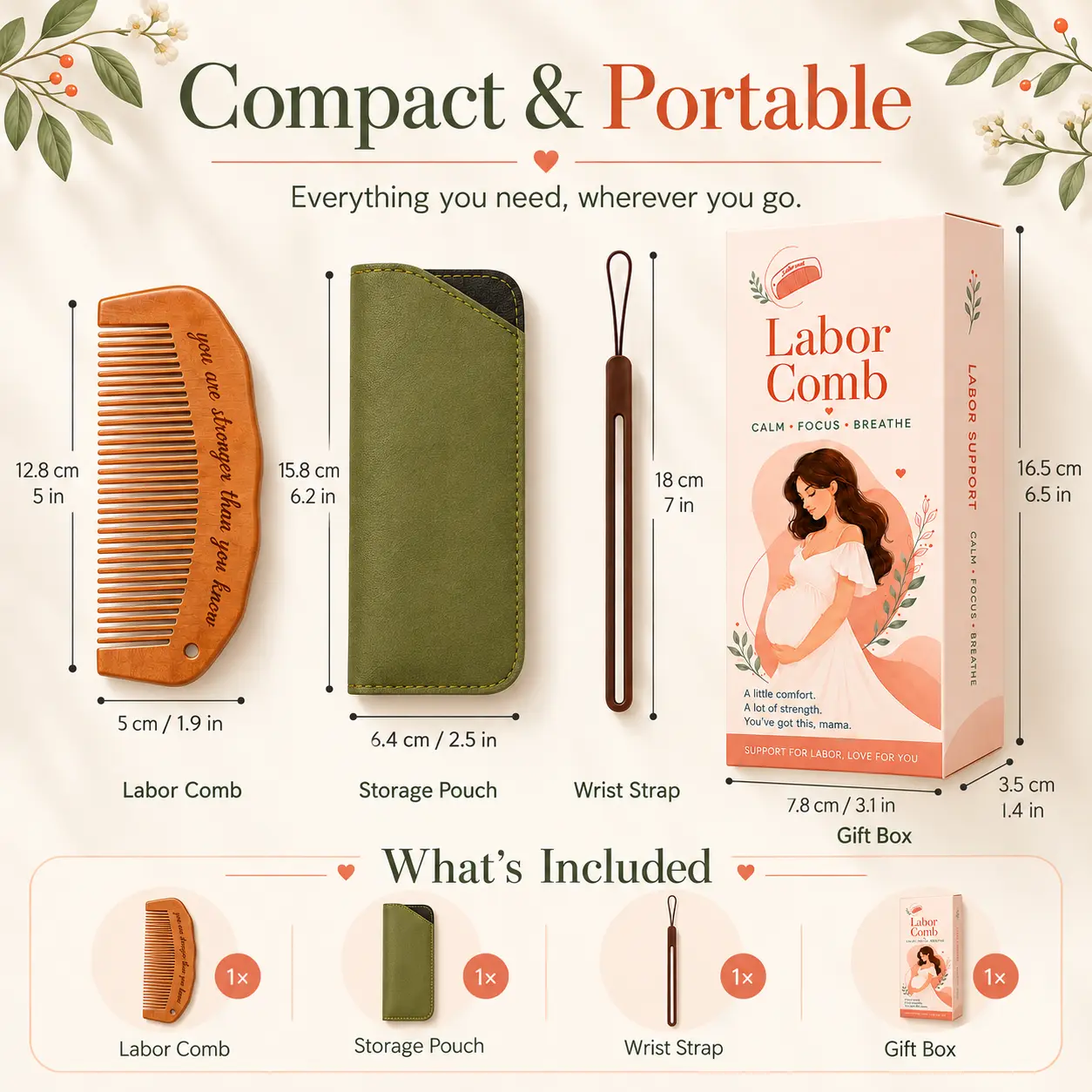 Labor Comb for Labor & Delivery, Wooden Birthing Comb with Wrist Strap & Storage Pouch, Comfort Support Tool for Expecting Moms, Baby Shower Gift