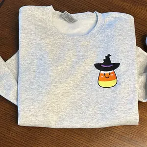 Candy Corn Witch Halloween Embroidered Crewneck Sweatshirt Comfort