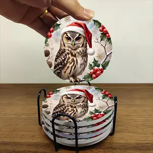 6-piece ceramic coaster set, featuring a clever Christmas owl and winter scenes. These heat-resistant, non-slip coasters with stands are perfect for home, dining, and beverage decoration.