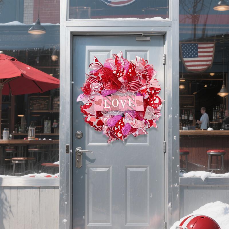 ZMOCEN-17 Inch Valentines Day Mesh Wreath, Valentines Wreaths for Front Door with Love Wooden Sign Fishnet Yarn, Valentines Day Wedding Decorations for Indoor and Outdoor