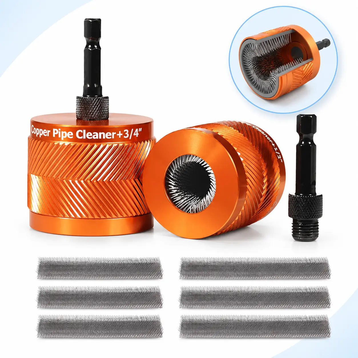 8PCS Orange Drill-Mounted Aluminum Alloy Pipe Cleaners - 1/4"-Hex Shank, 3 Sizes for 1/2-1" Pipes, Side Rivets, Rustproof Wear-Resistant Abrasive Blades, Durable Design, Effortless Cleaning for Automotive Repairs, Home Repairs, DIY Enthusiasts