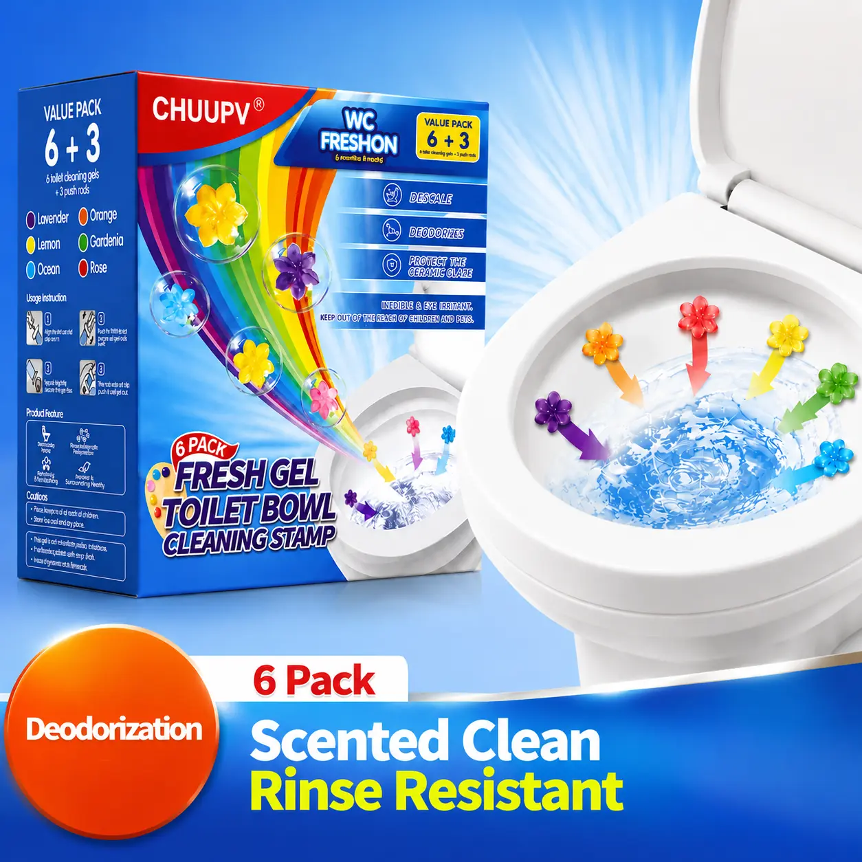 [TikTokShopSummerSale], Floral-Scented Toilet Gel Set, includes 6 scented gel sticks + 3 applicators, lasts for up to 108 flushes, toilet deodorizer